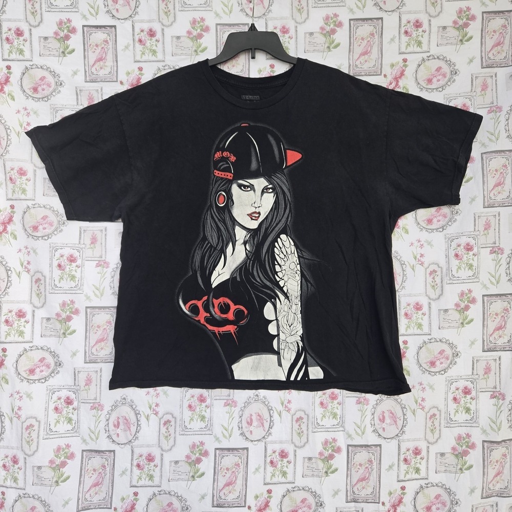 Mob Inc. Graphic T-Shirt Black Woman Backward Cap Tattoo Brass‎ Knuckles Sz 2XL
